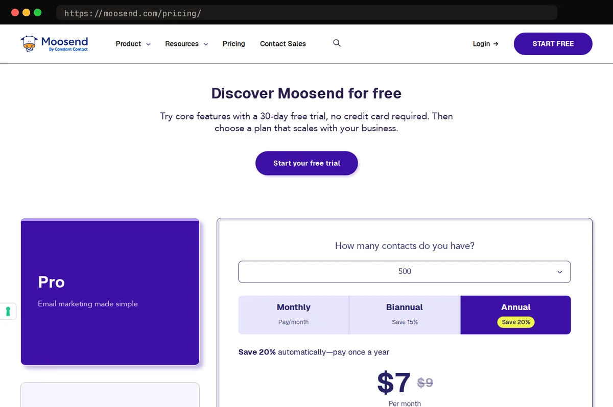 Moosend pricing page, captured October 2026