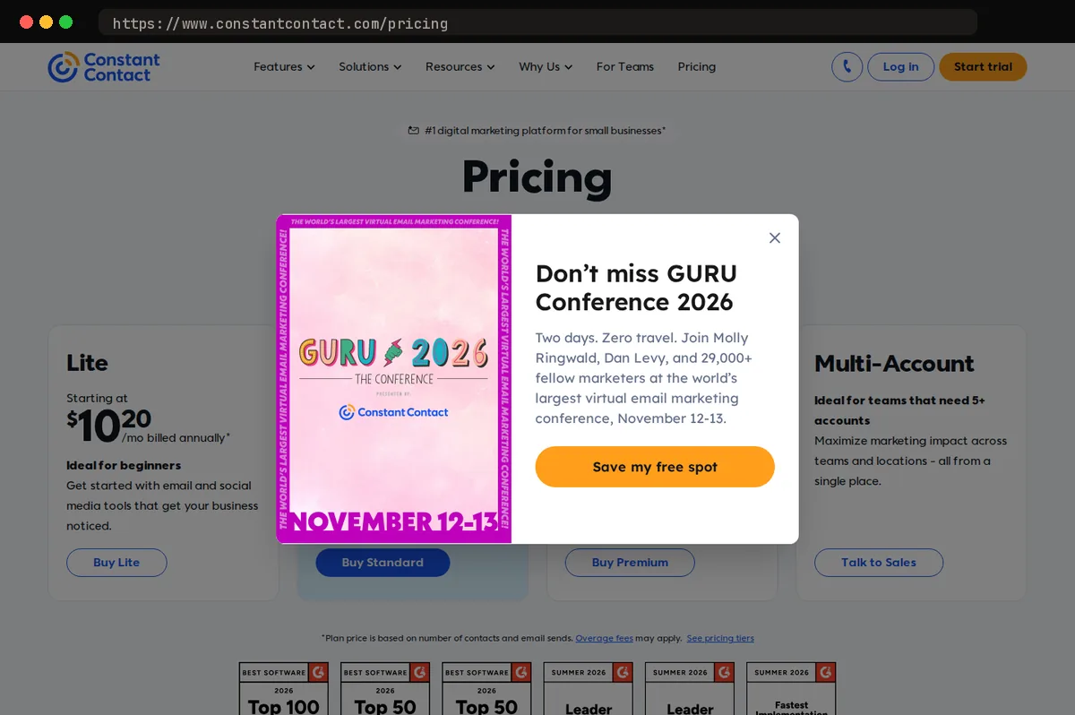 Constant Contact pricing page, captured October 2026